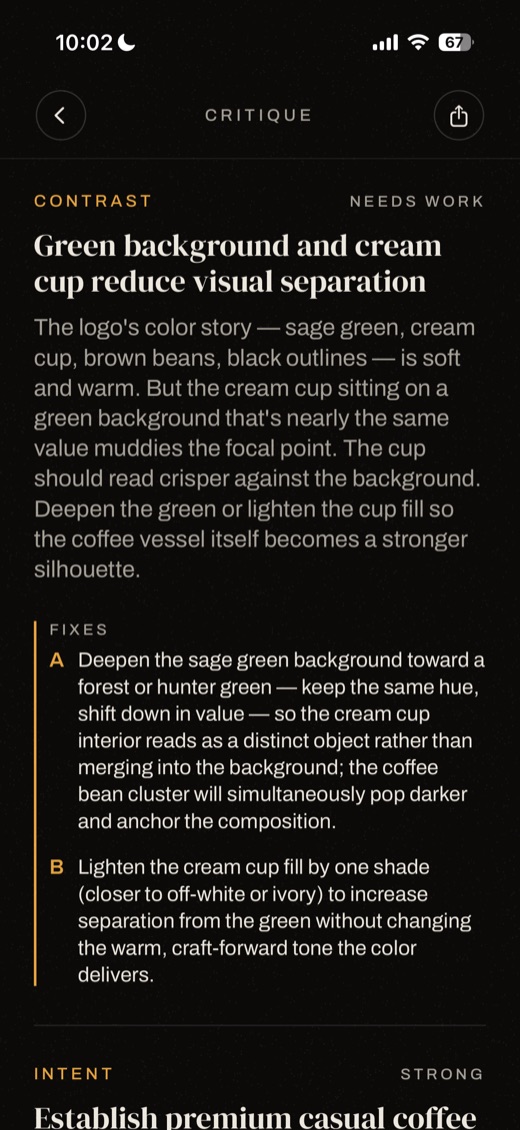 A Critique lens marked Needs work with lettered fixes