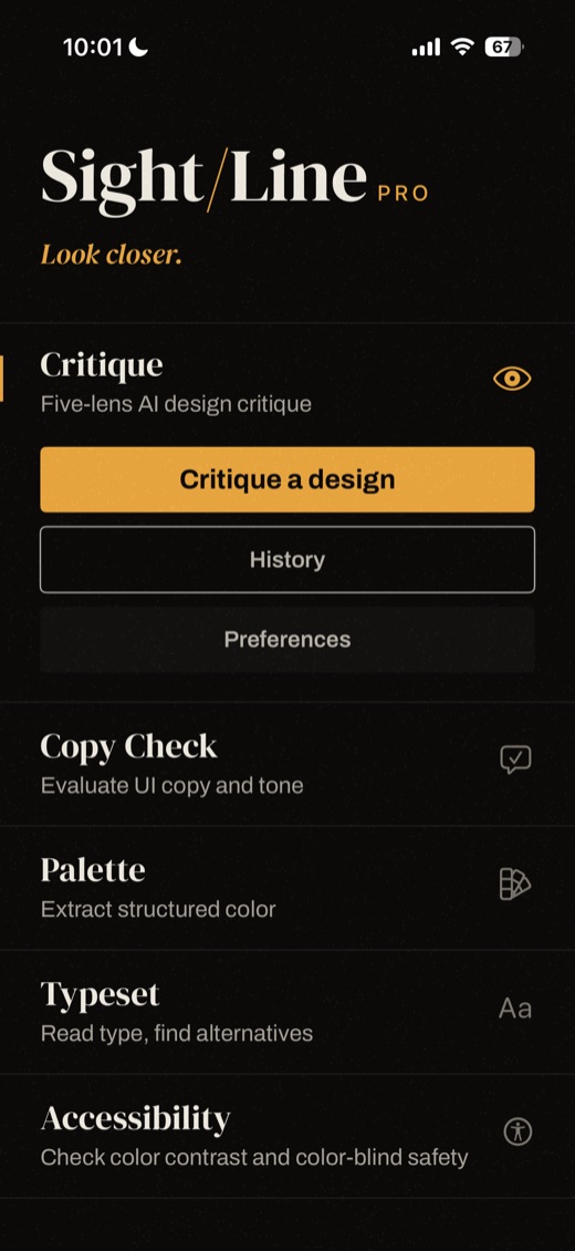 Sightline home screen with the five tools listed