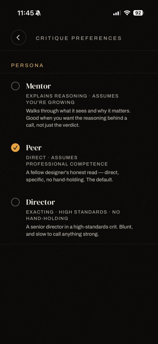 Critique preferences with Mentor, Peer, and Director voices